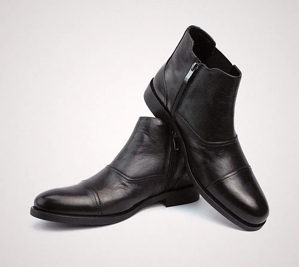 Mens Exclusive Genuine Black Leather Cap Toe Chukka Boots With Zipper HENRY AZAR